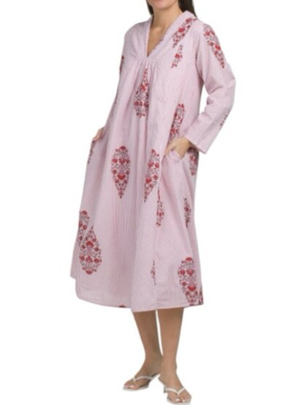 LEA Cotton Striped Floral Paisley Cottagecore Kaftan Style Maxi Dress Pockets XL